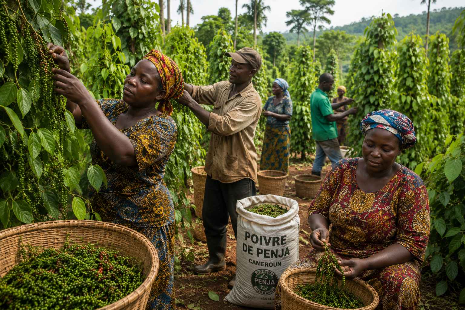 Femmes et hommes récoltant le poivre de Penja à la main au Cameroun — sac Poivre de Penja Cameroun bien visible